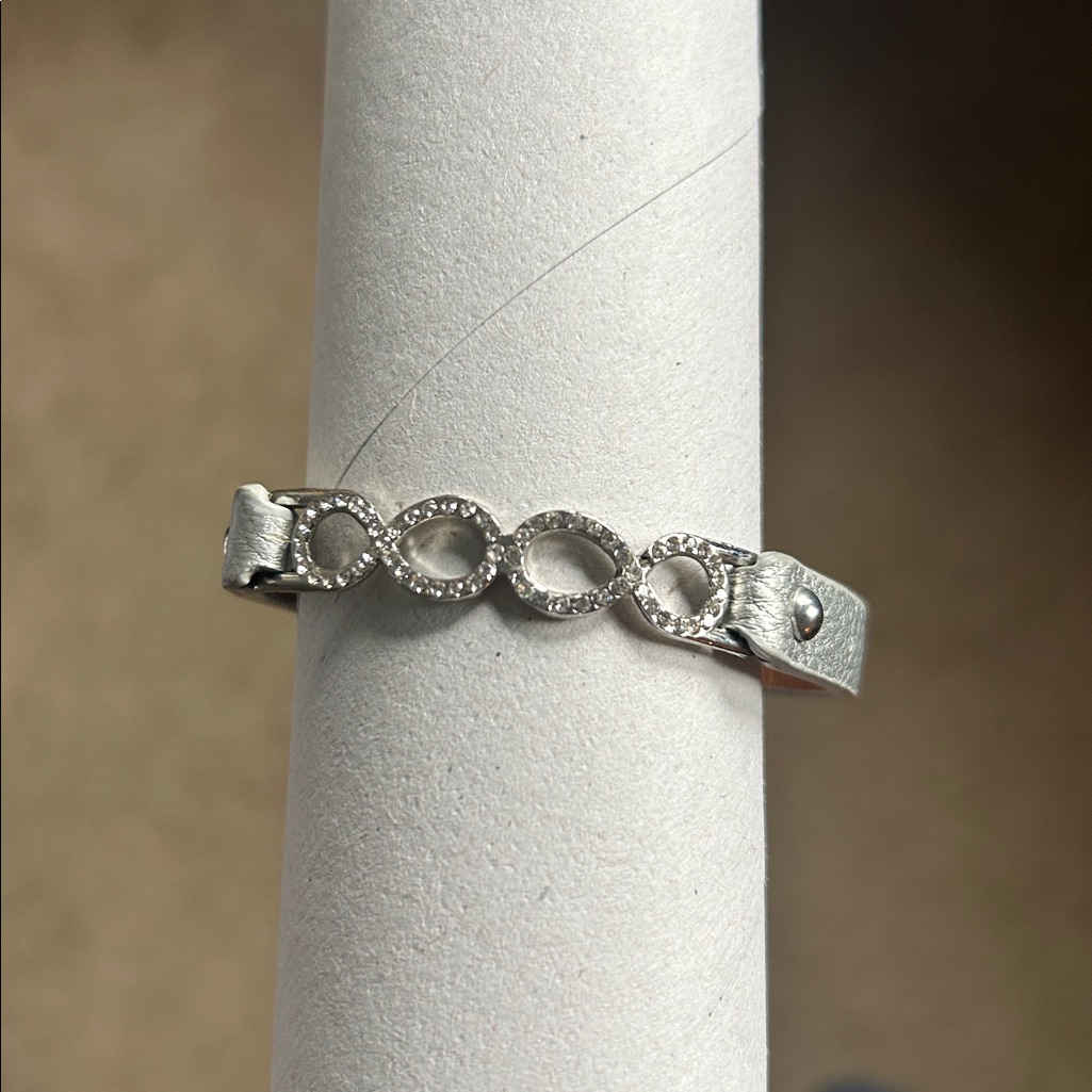 Rhinestone Infinity Silver Leather Bracelet 7 1/2” Length